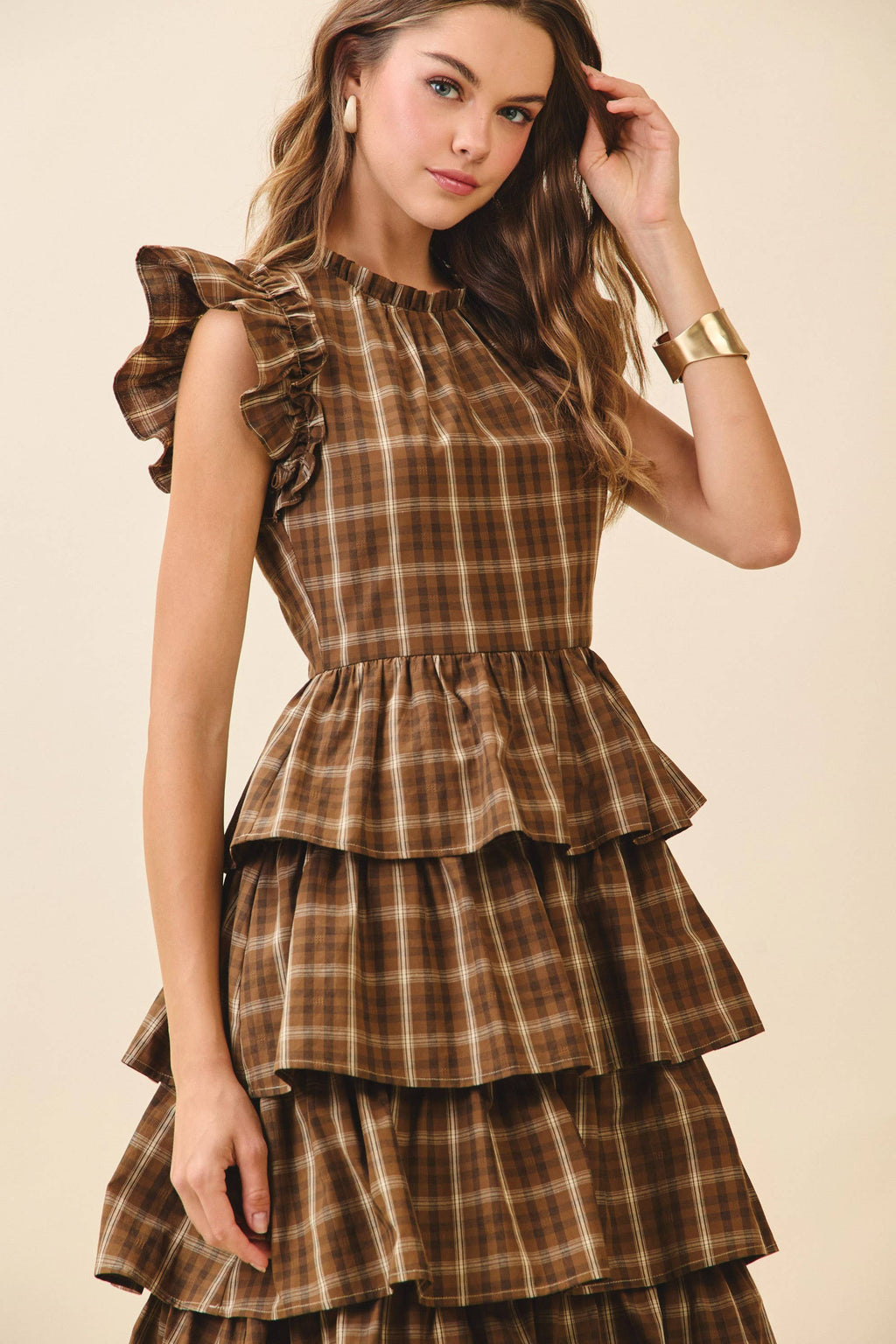 Plaid Round Neck Midi Dress