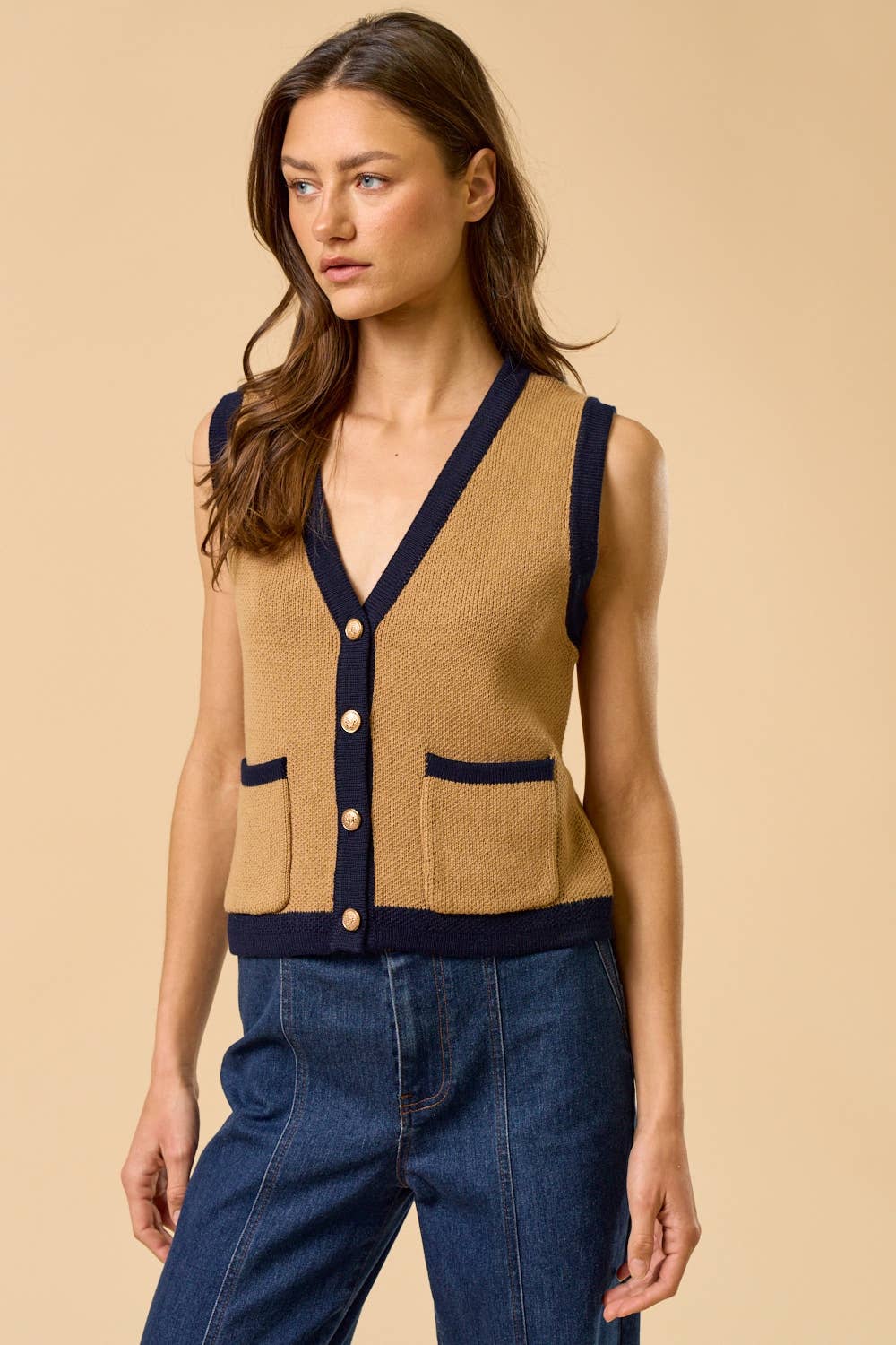 Color Block Button Down Sweater Vest