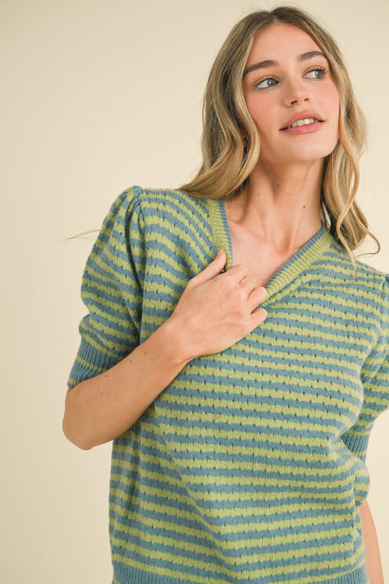 STRIPED POINTELLE KNIT PUFF SLEEVE SWEATER