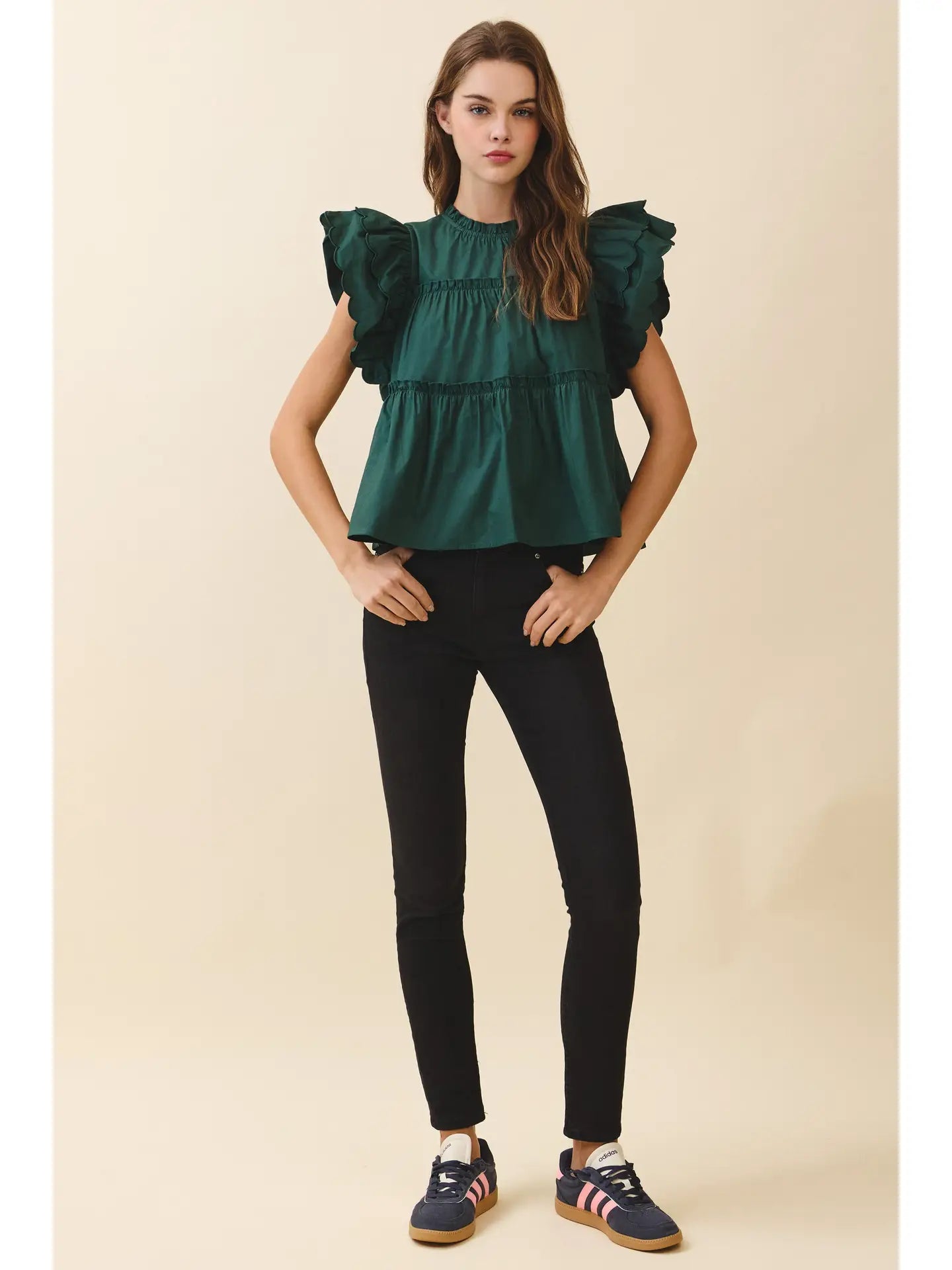 Dramatic Ruffle Sleeves Detail Tiered Poplin Top