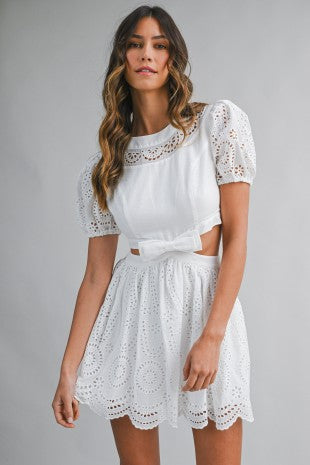 Eyelet Short Puff Sleeve Back Cutout Mini Dress