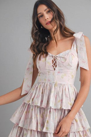 Floral Print Shoulder Tie Corset Tiered Mini Dress