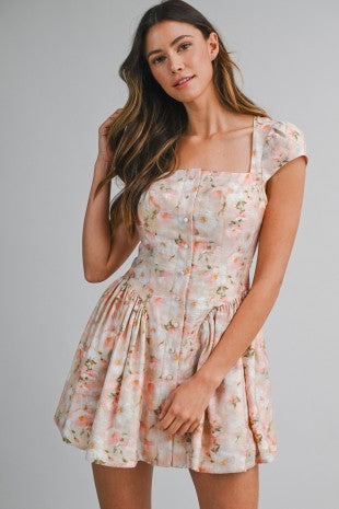 Floral Print Square Neckline Cap Sleeve Mini Dress