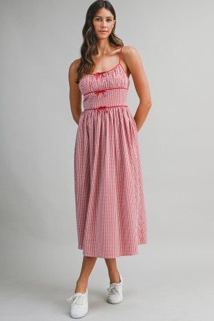 Gingham Plaid Bow Tie Ruched Bodice Midi Dress