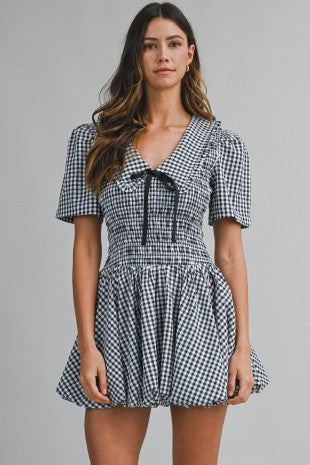 Gingham Plaid Peter Pan Collar Smocked Bodice Mini Dress