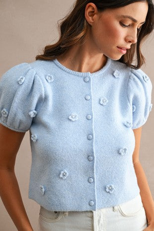 Handmade Crochet 3d Flower Short Puff Sleeve Knit Top