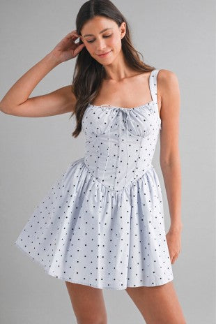 Polka Dot Ruched Bust Corset Back Lace Up Dress