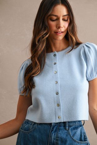 Solid Short Puff Sleeve Button Down Knit Cardigan Top