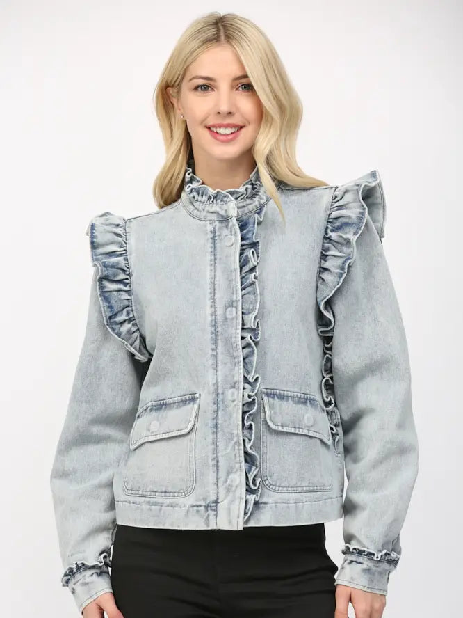 Ruffle Detail Washed Denim Jacket