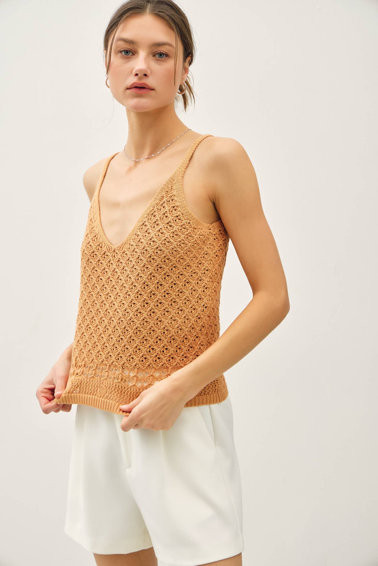 CROCHET KNIT DETAILED V-NECK TANK
