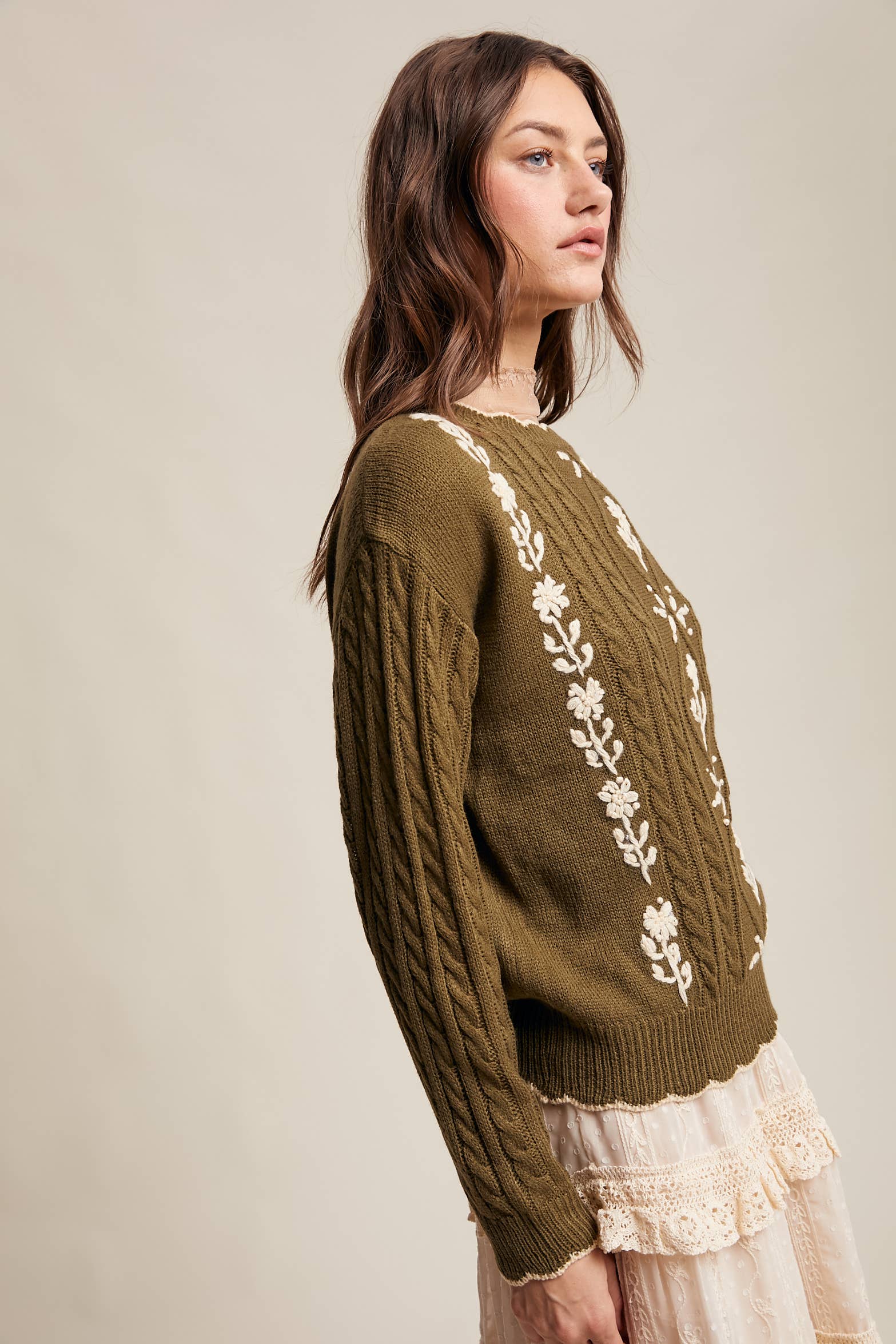 Floral Embroidered Cable Knit Sweater
