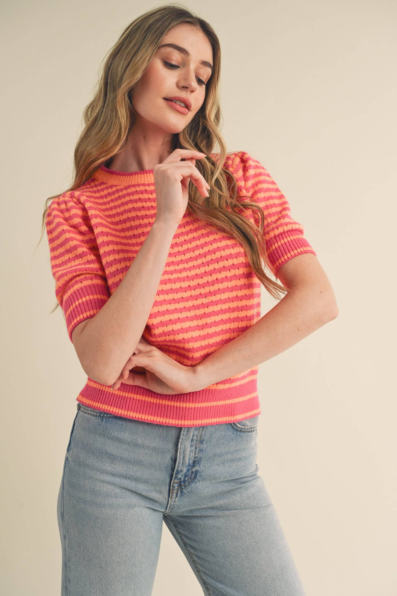 STRIPED POINTELLE KNIT PUFF SLEEVE SWEATER