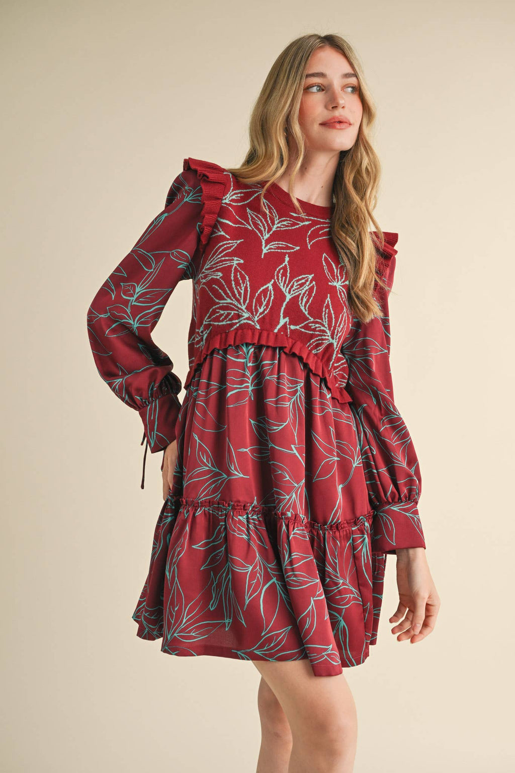 EXCLUSIVE PRINT MIXED MEDIA SWEATER DRESS