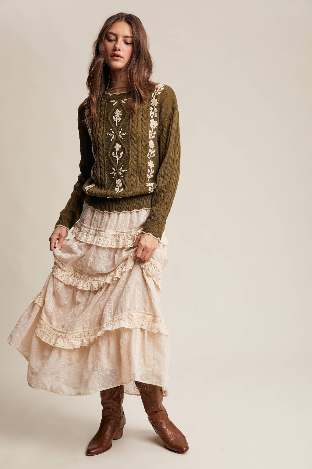 Floral Embroidered Cable Knit Sweater