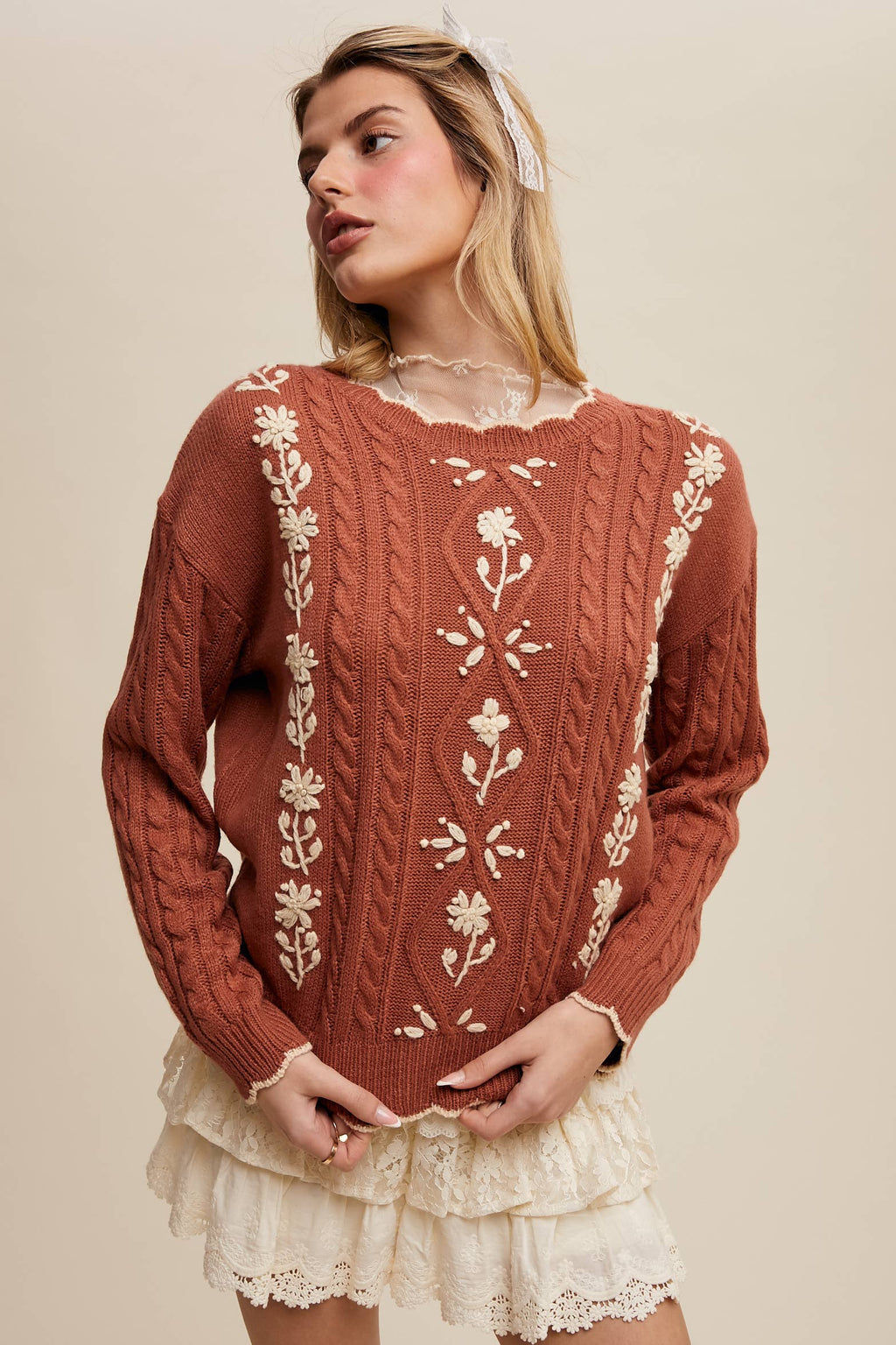 Floral Embroidered Cable Knit Sweater