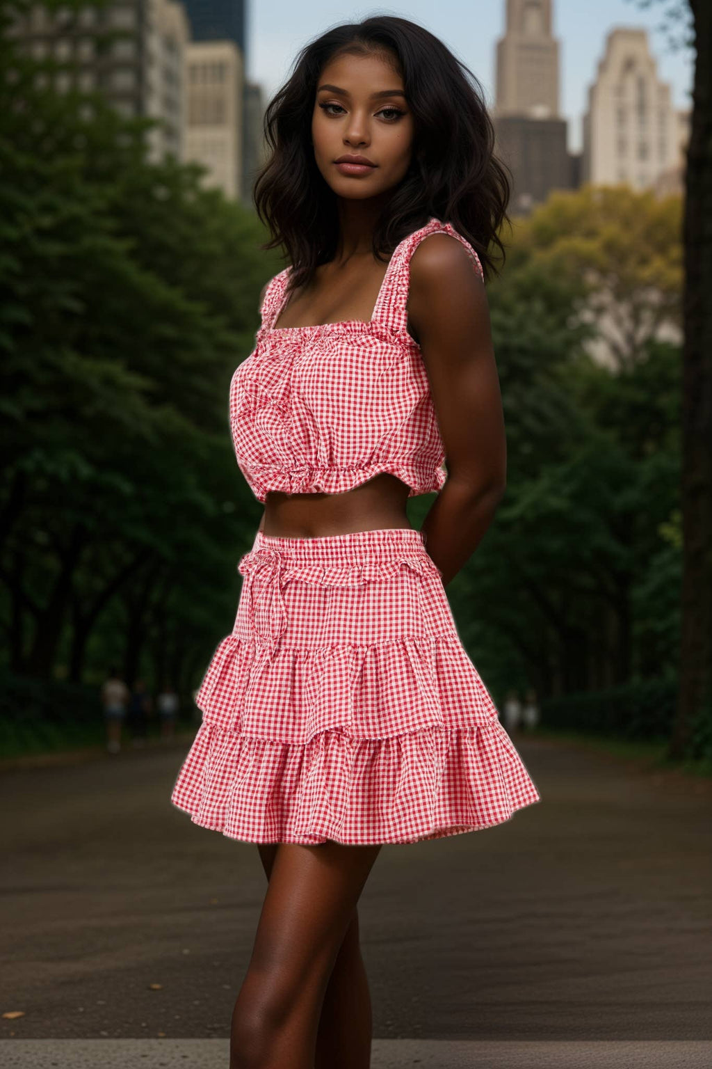 GINGHAM PLAID CROP TOP AND SKIRT SET