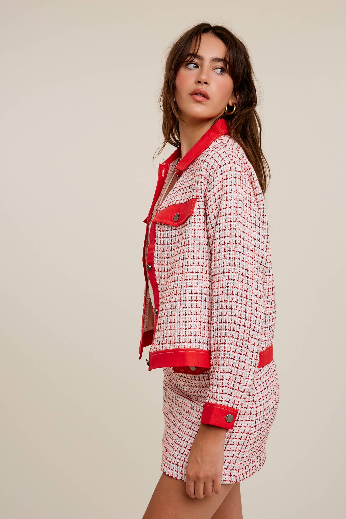 Contrast Trim Plaid Tweed Jacket & Mini Skirt Set