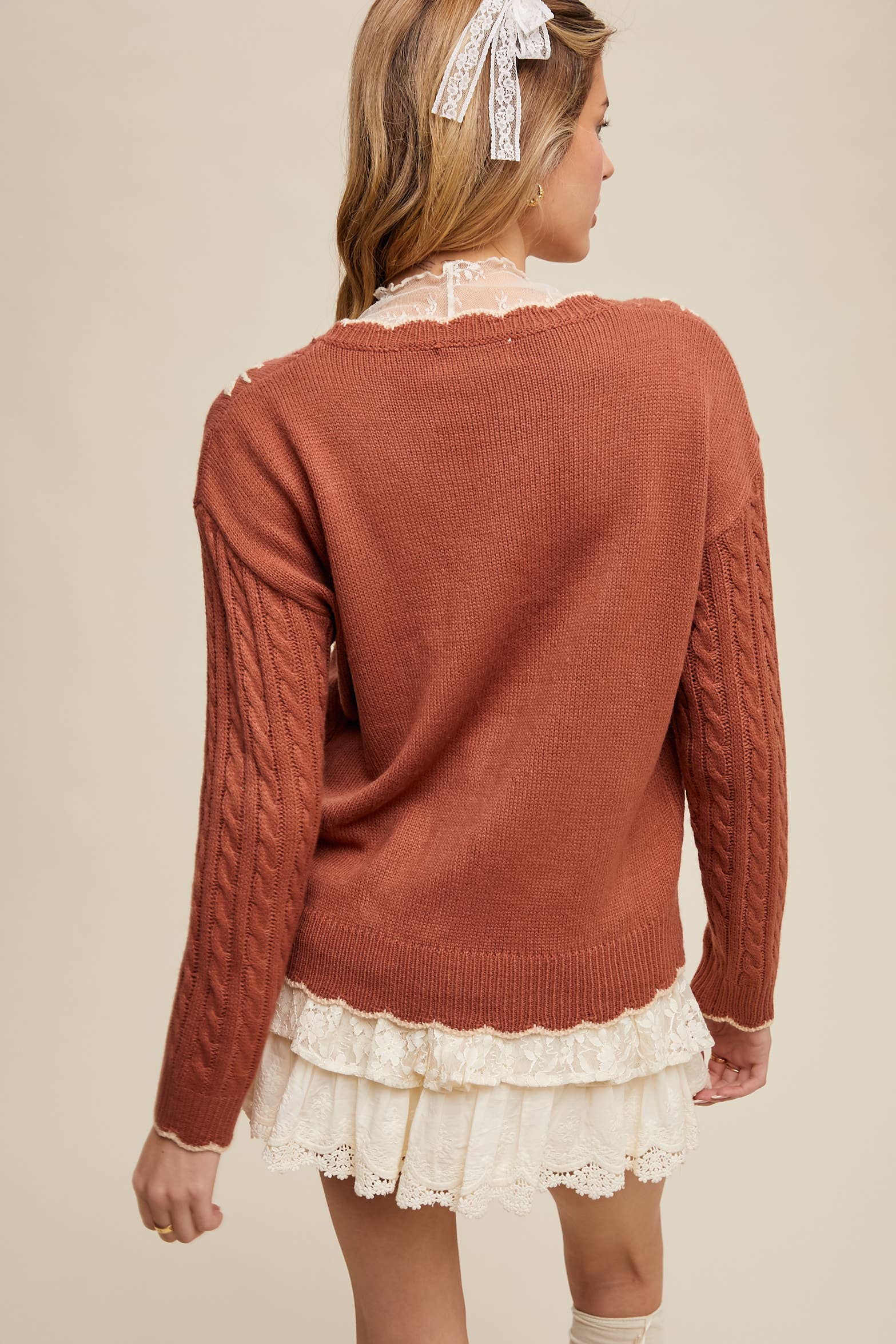Floral Embroidered Cable Knit Sweater