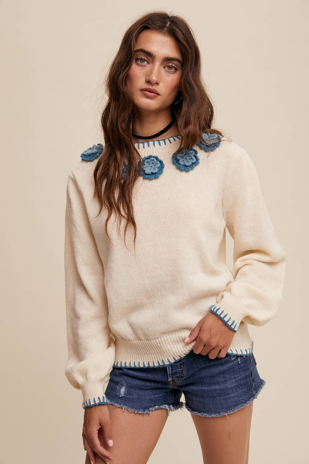 Crochet Bloom Applique Sweater