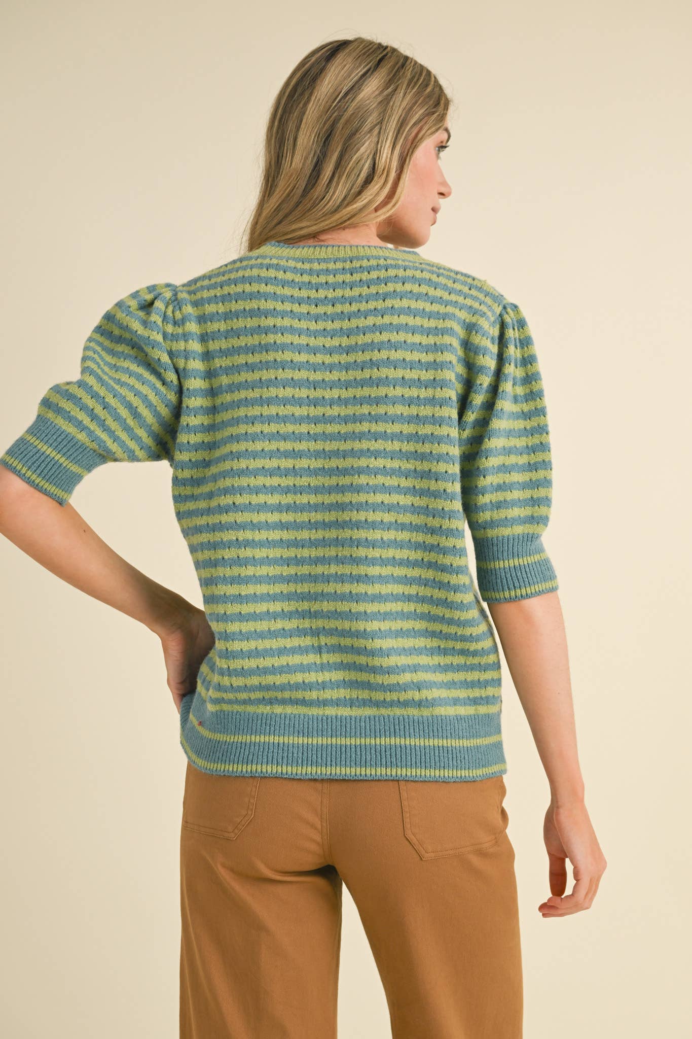 STRIPED POINTELLE KNIT PUFF SLEEVE SWEATER