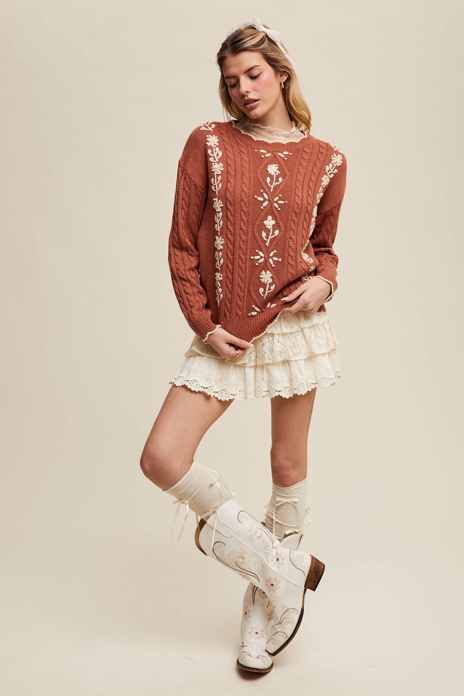 Floral Embroidered Cable Knit Sweater