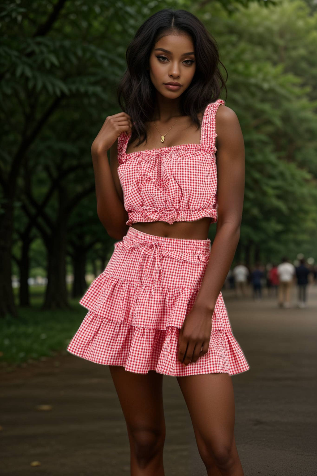 GINGHAM PLAID CROP TOP AND SKIRT SET