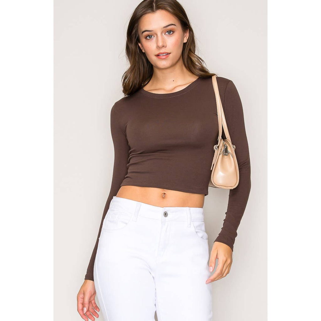 Crew Neck Long Sleeve Cotton Cropped Knit Top