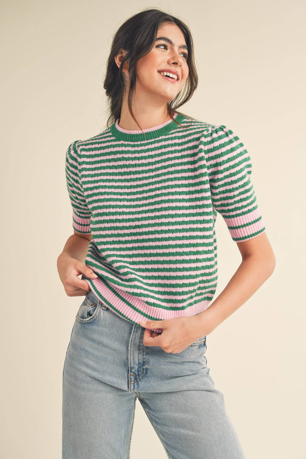 STRIPED POINTELLE KNIT PUFF SLEEVE SWEATER