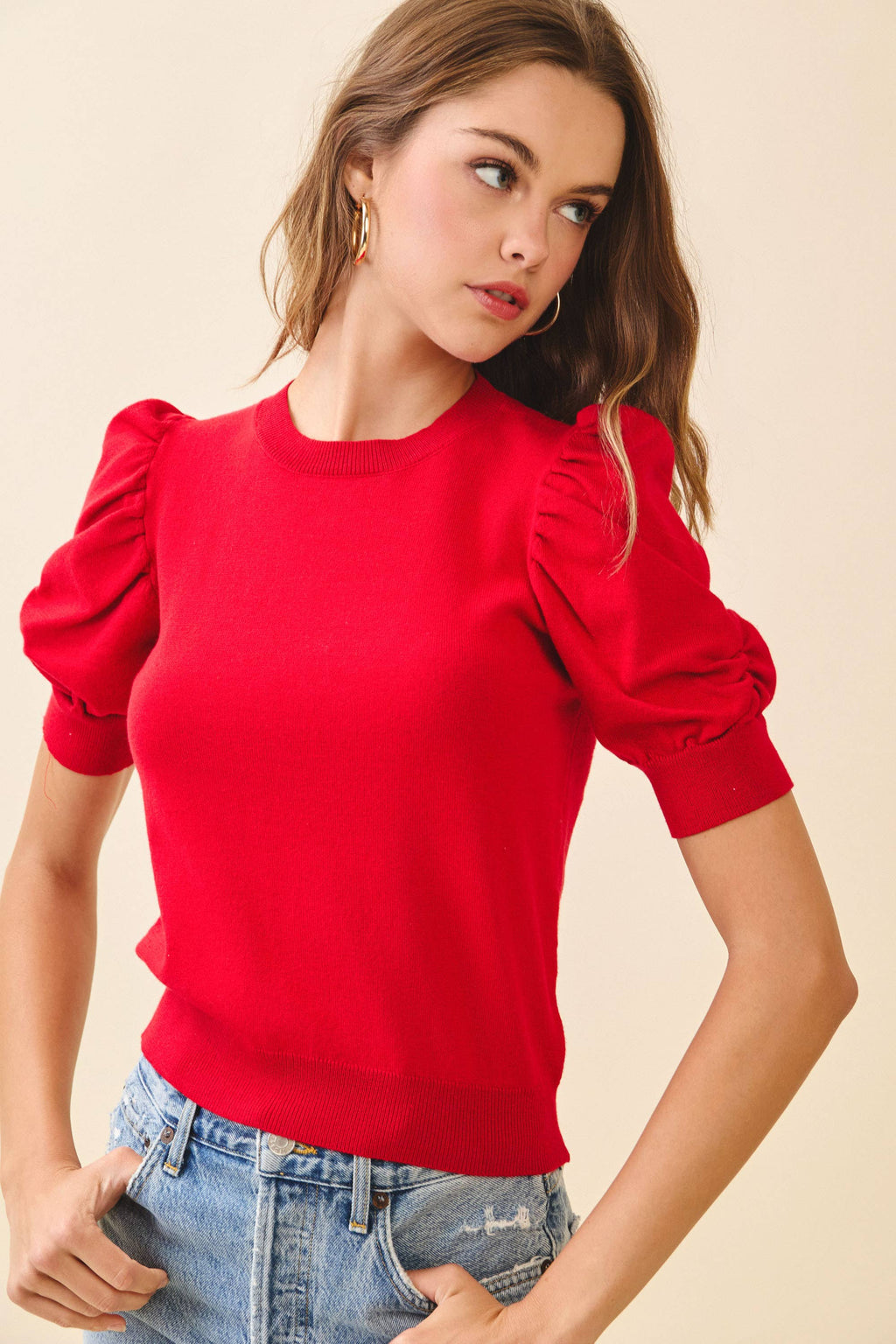 Ribbed Puffed Sleeves Top