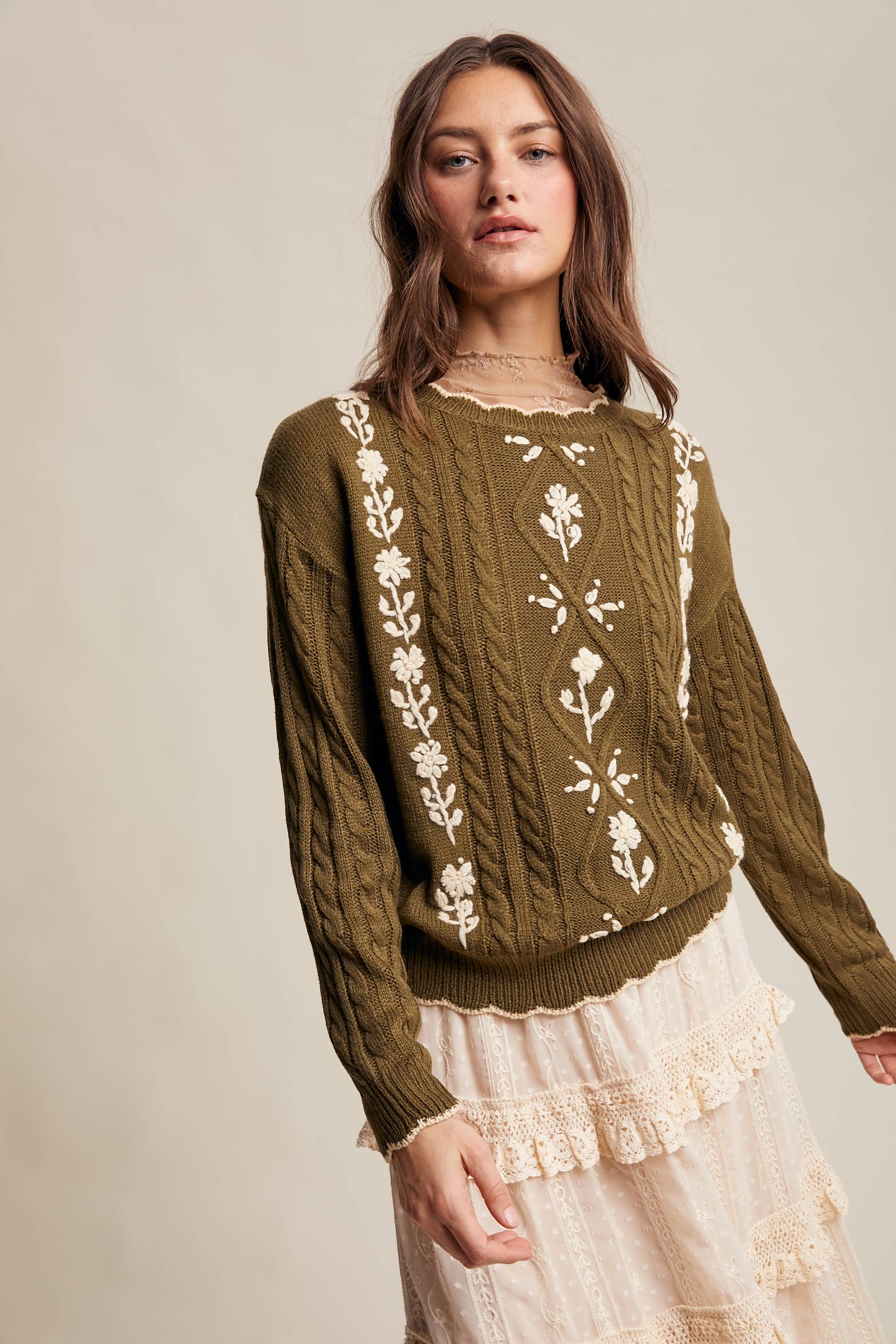 Floral Embroidered Cable Knit Sweater