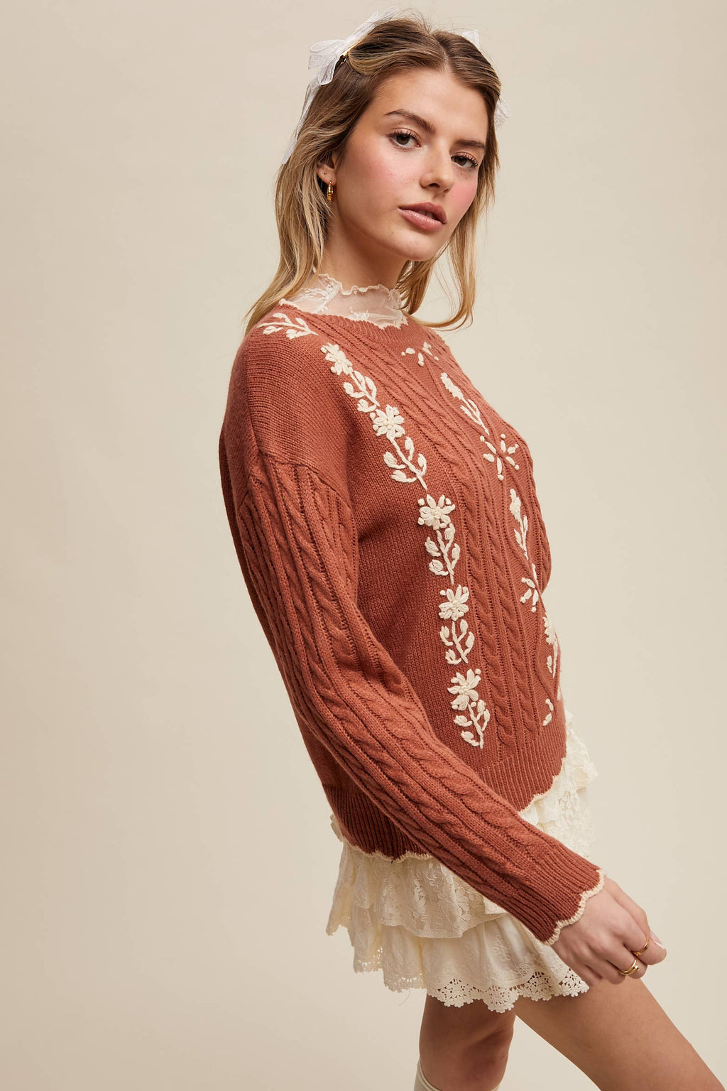 Floral Embroidered Cable Knit Sweater