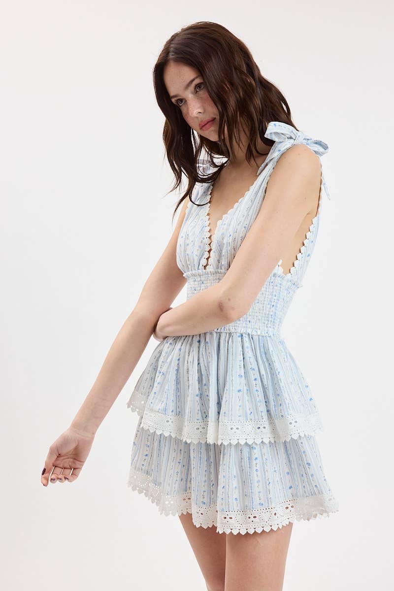 BORDER STRIPE TIE STRAP LAYERED LACE MINI DRESS