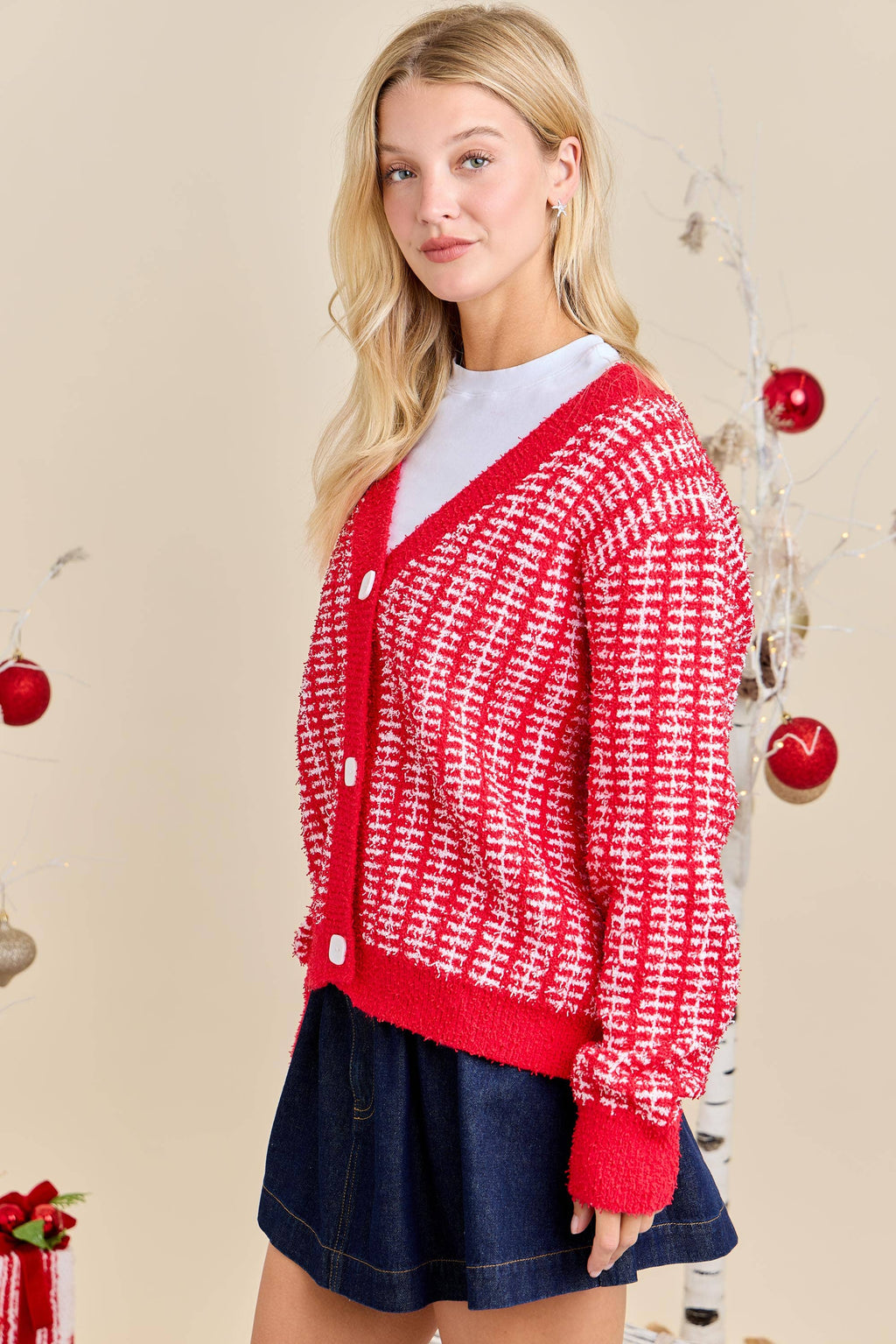 Holiday Check Knit Cardigan