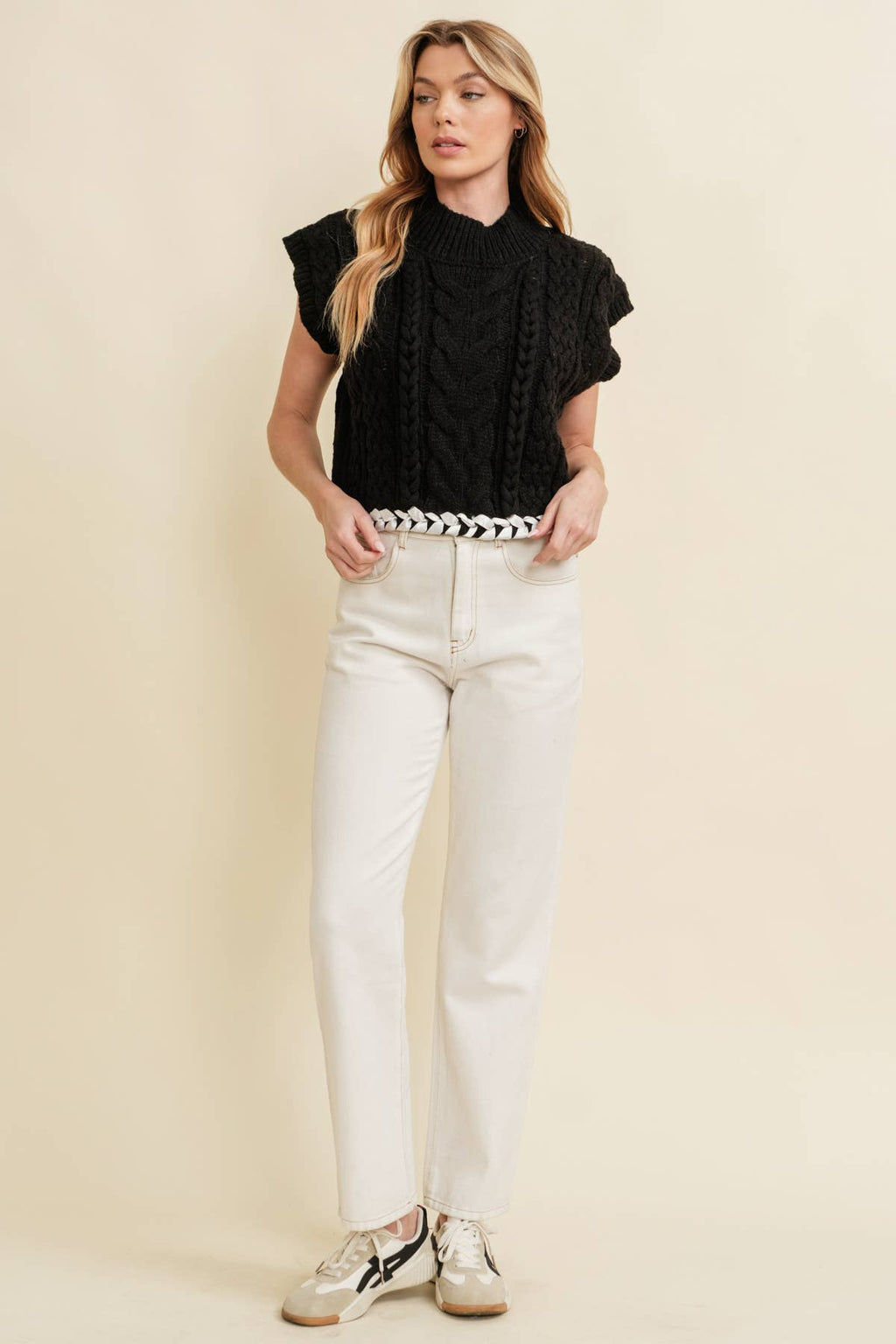 CABLE KNIT DROP SHOULDER CONTRAST STITCH SWEATER