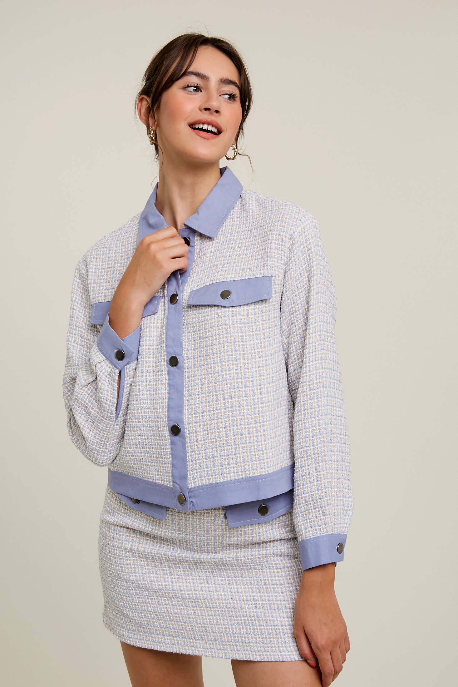 Contrast Trim Plaid Tweed Jacket & Mini Skirt Set