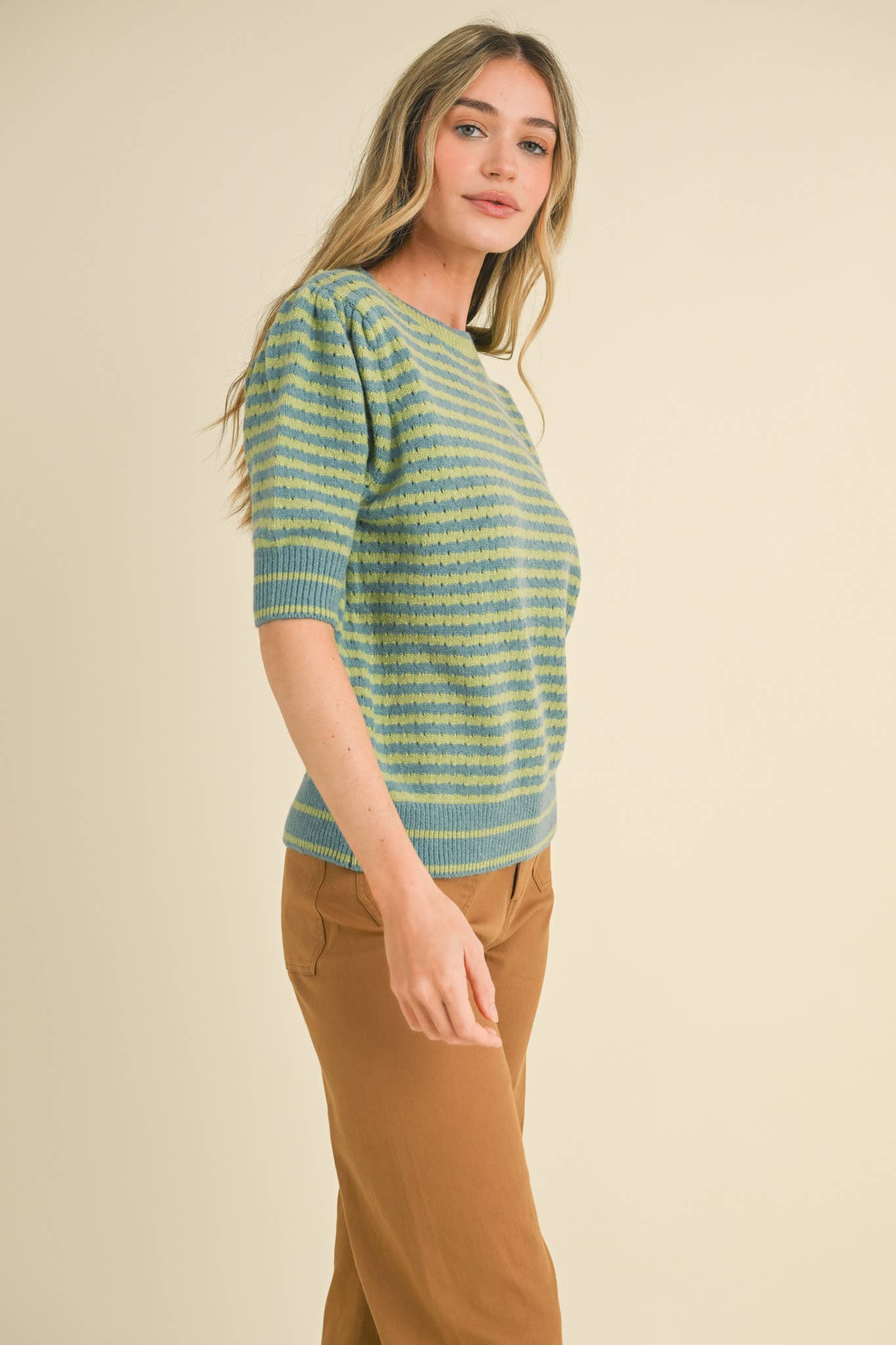 STRIPED POINTELLE KNIT PUFF SLEEVE SWEATER