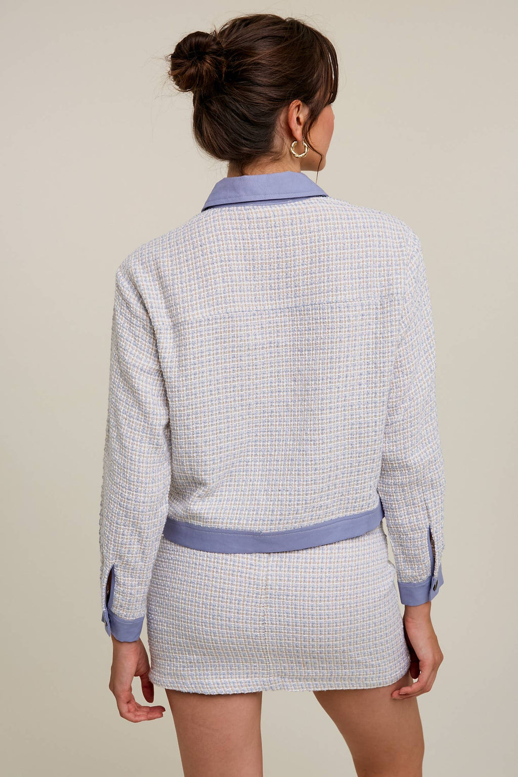 Contrast Trim Plaid Tweed Jacket & Mini Skirt Set