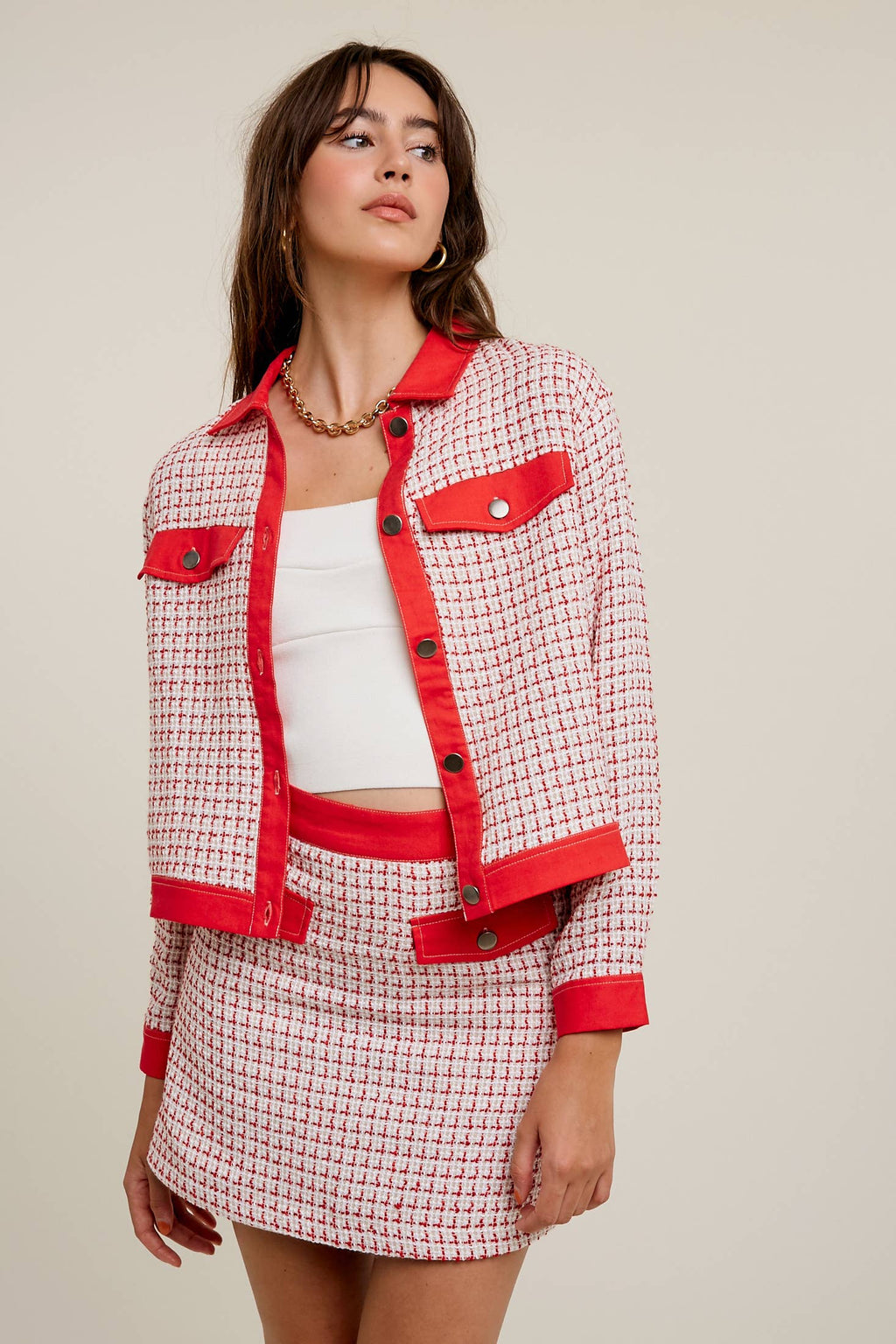 Contrast Trim Plaid Tweed Jacket & Mini Skirt Set