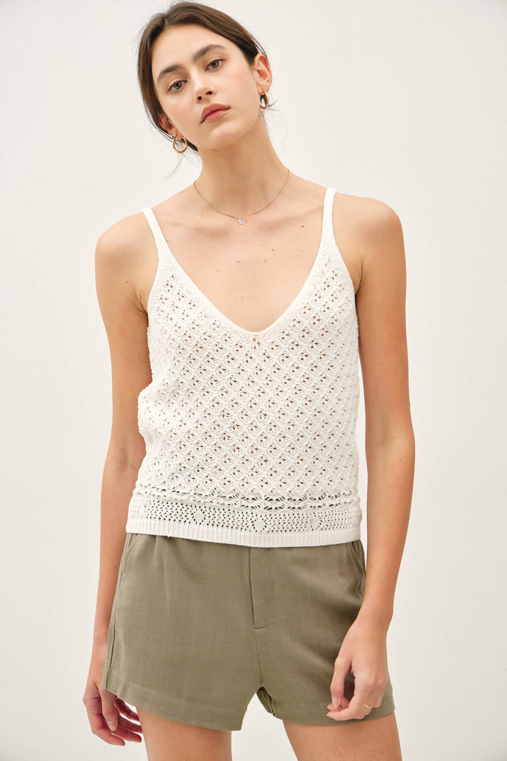 CROCHET KNIT DETAILED V-NECK TANK