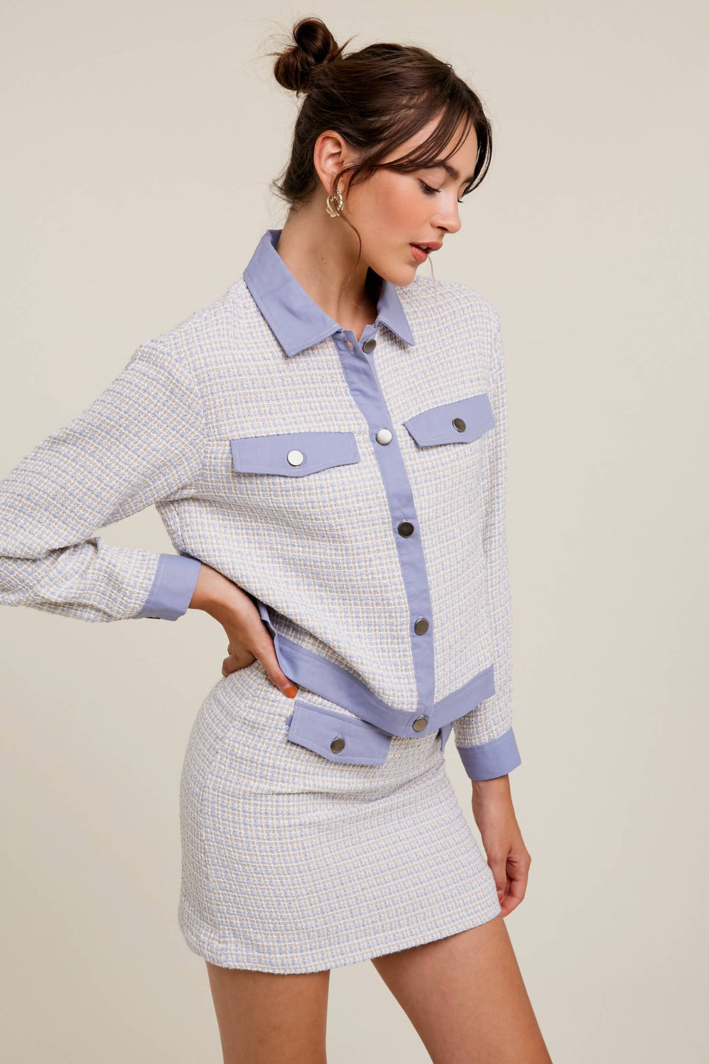 Contrast Trim Plaid Tweed Jacket & Mini Skirt Set
