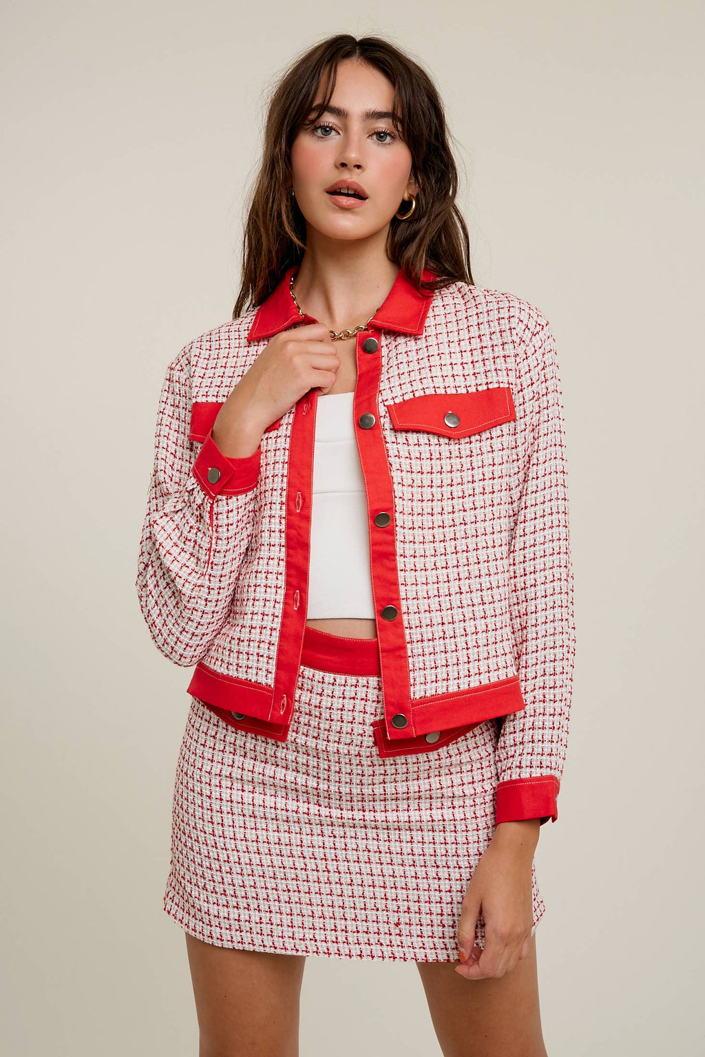 Contrast Trim Plaid Tweed Jacket & Mini Skirt Set