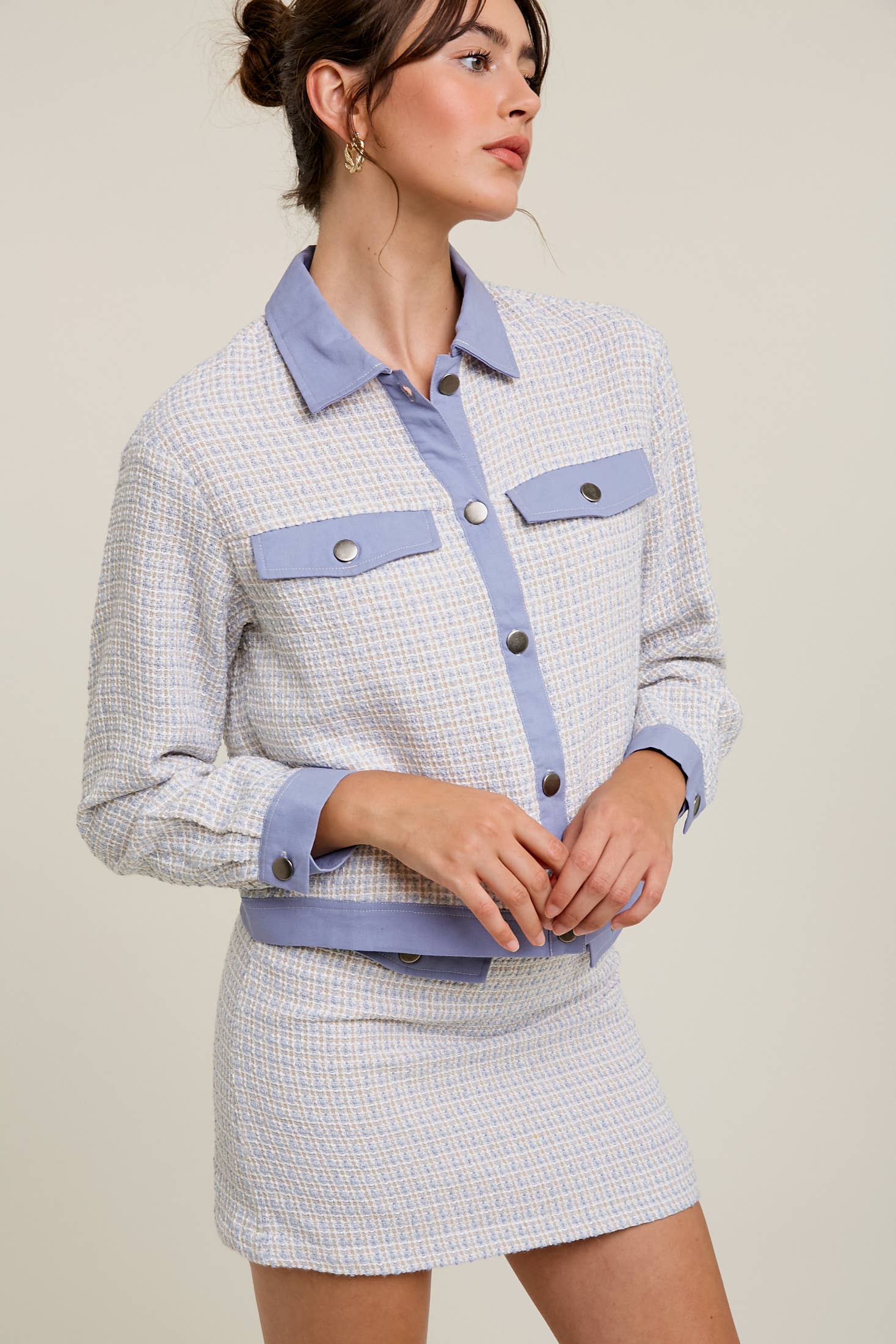 Contrast Trim Plaid Tweed Jacket & Mini Skirt Set