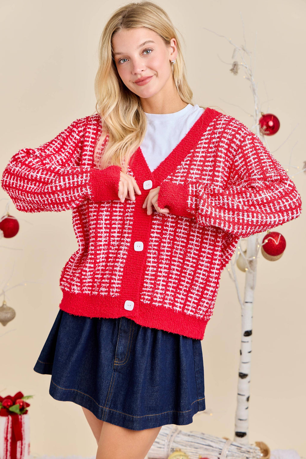Holiday Check Knit Cardigan