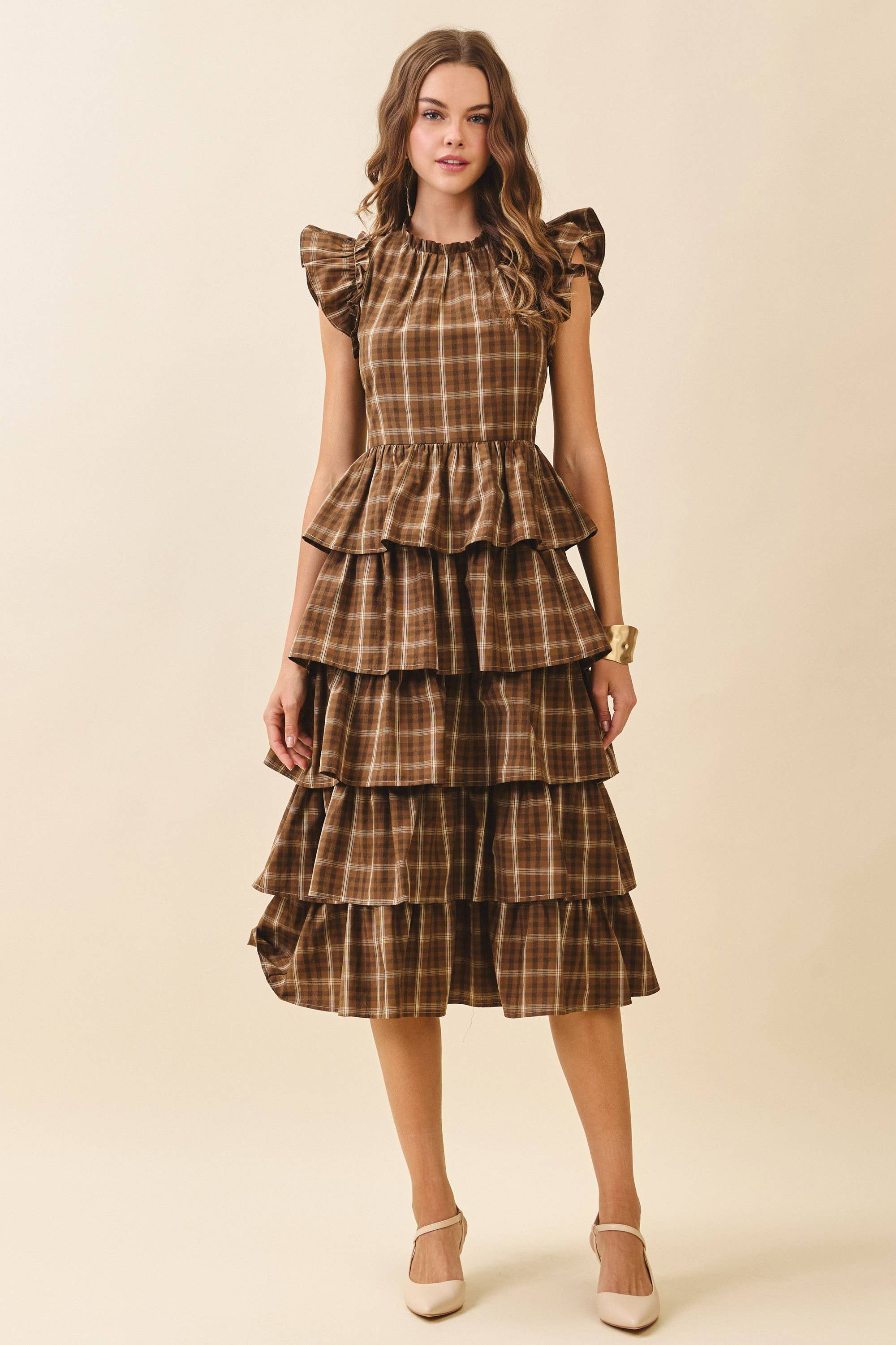 Plaid Round Neck Midi Dress