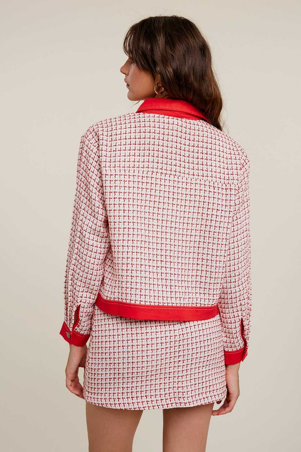 Contrast Trim Plaid Tweed Jacket & Mini Skirt Set