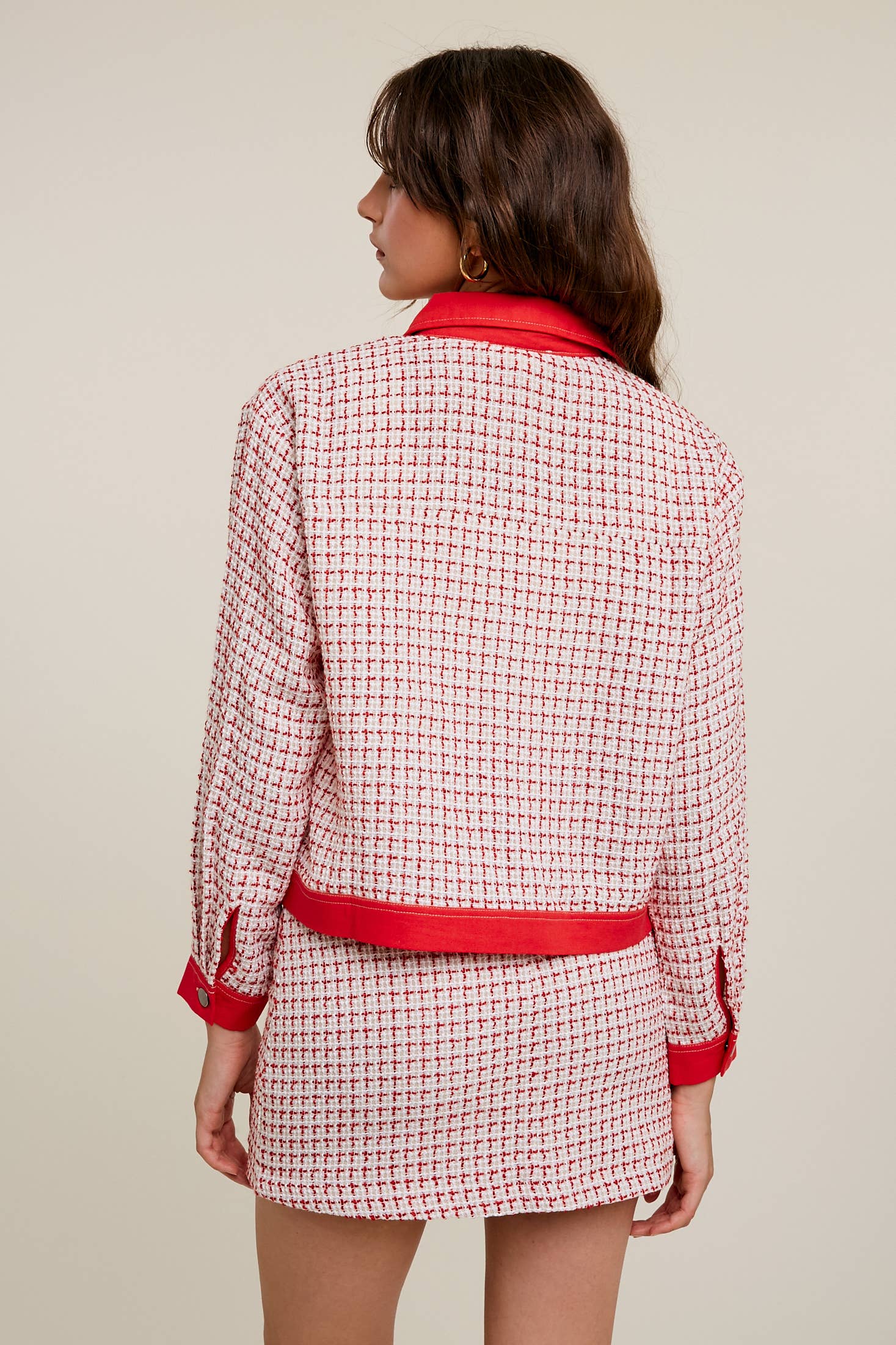 Contrast Trim Plaid Tweed Jacket & Mini Skirt Set