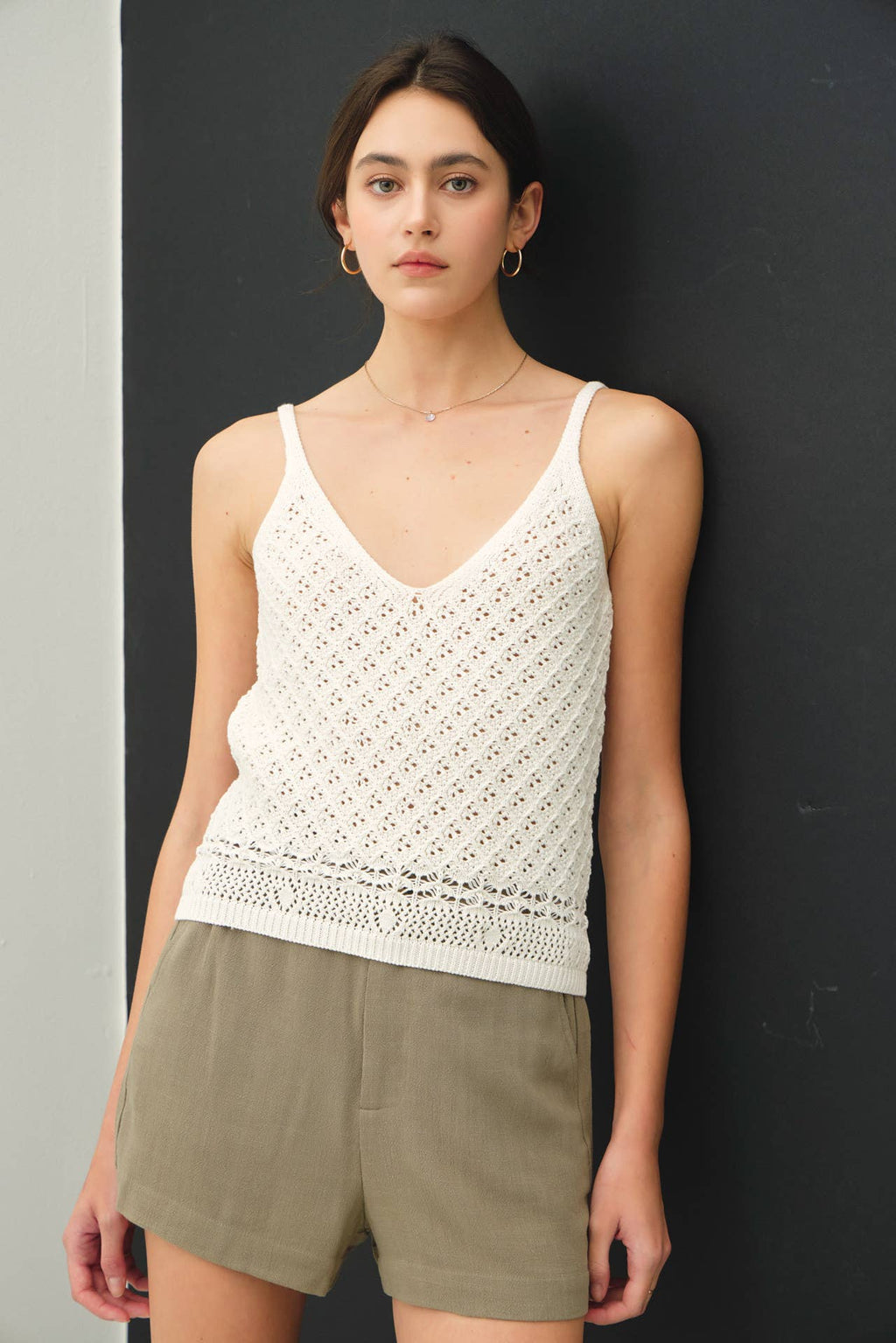 CROCHET KNIT DETAILED V-NECK TANK