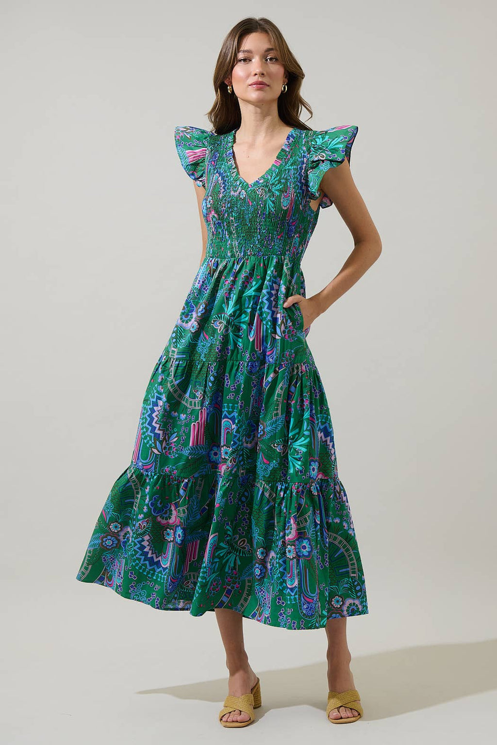 Vesper Floral Sunfire Tiered Midi Dress