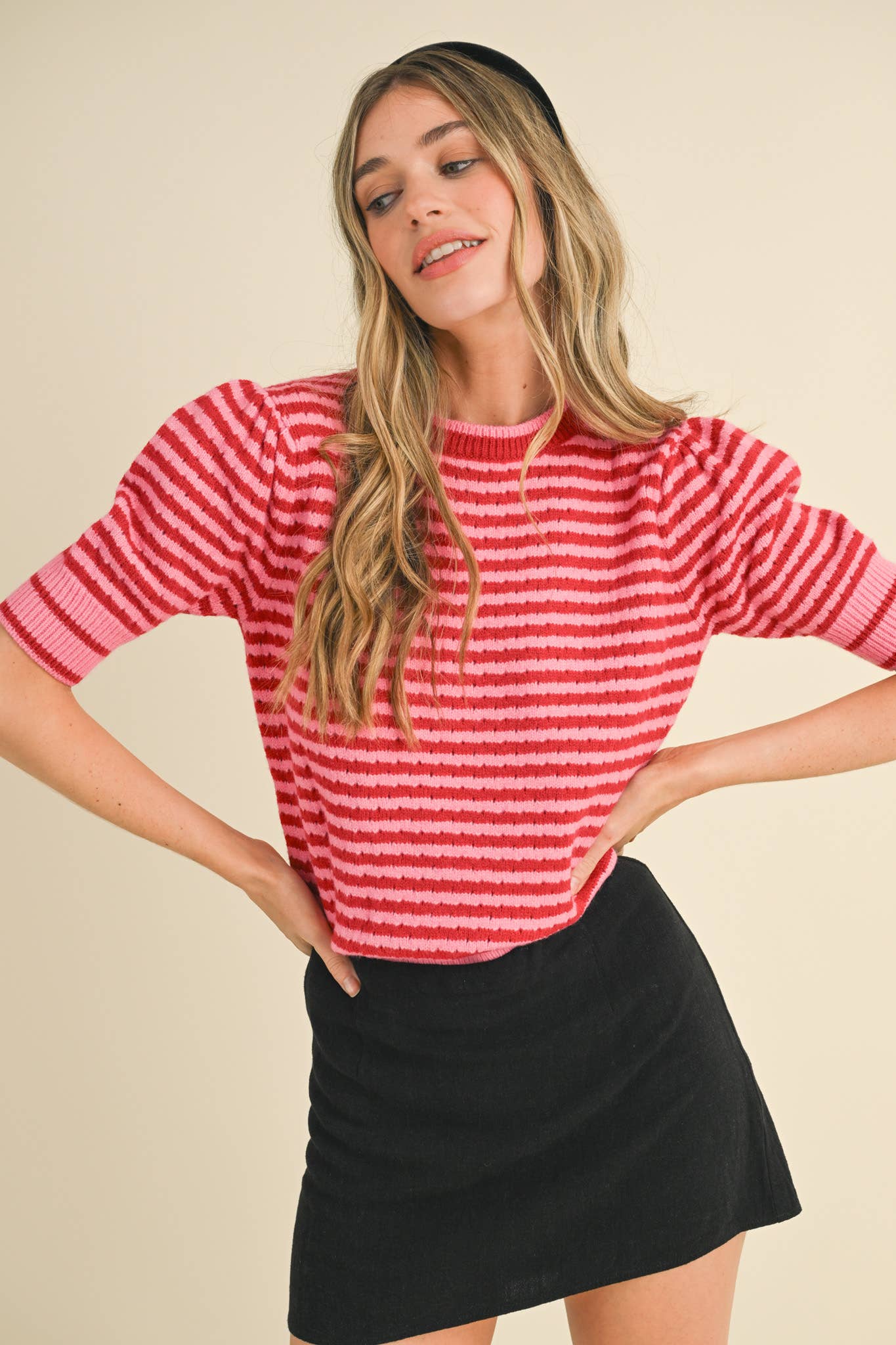 STRIPED POINTELLE KNIT PUFF SLEEVE SWEATER