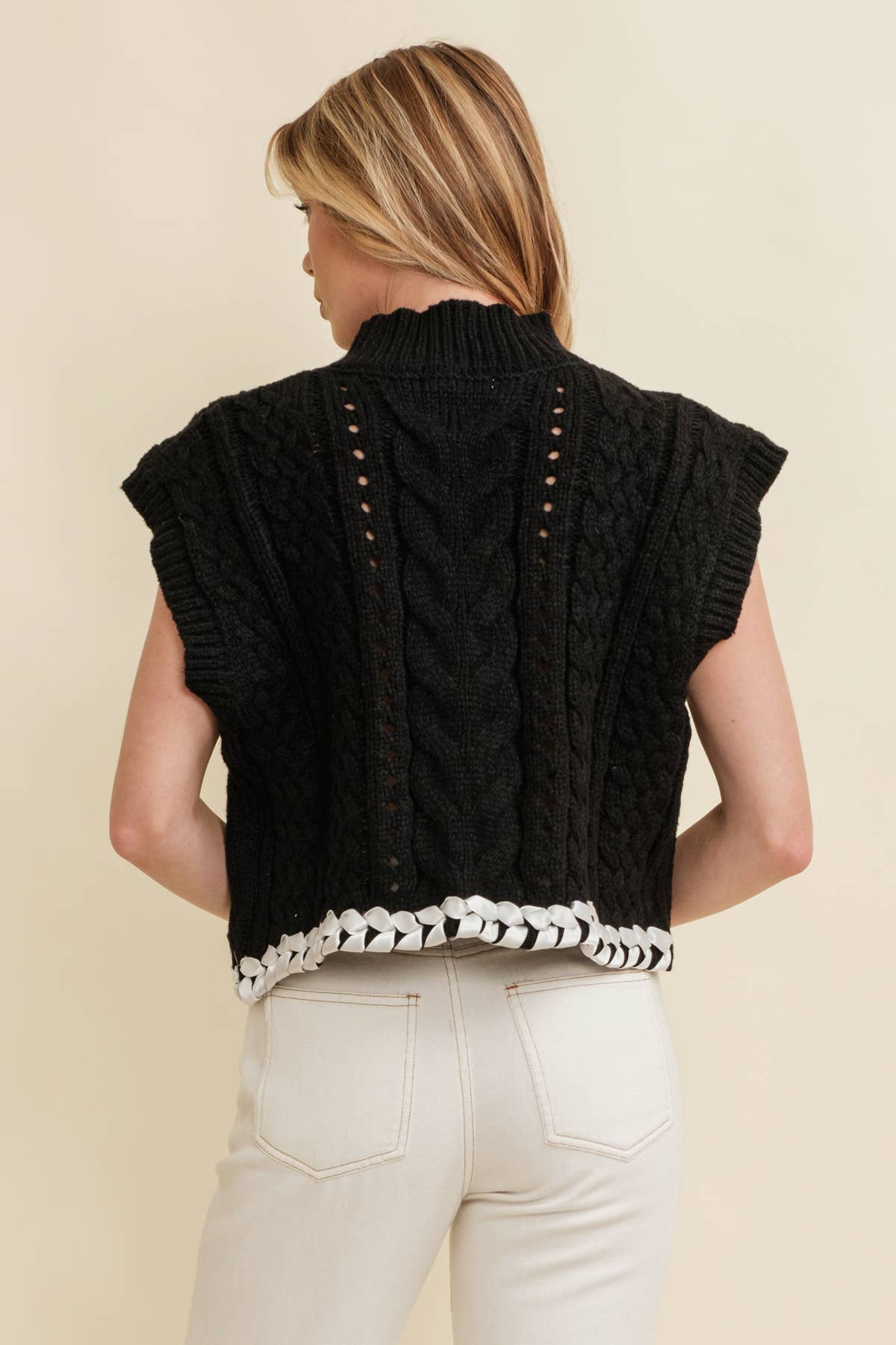 CABLE KNIT DROP SHOULDER CONTRAST STITCH SWEATER